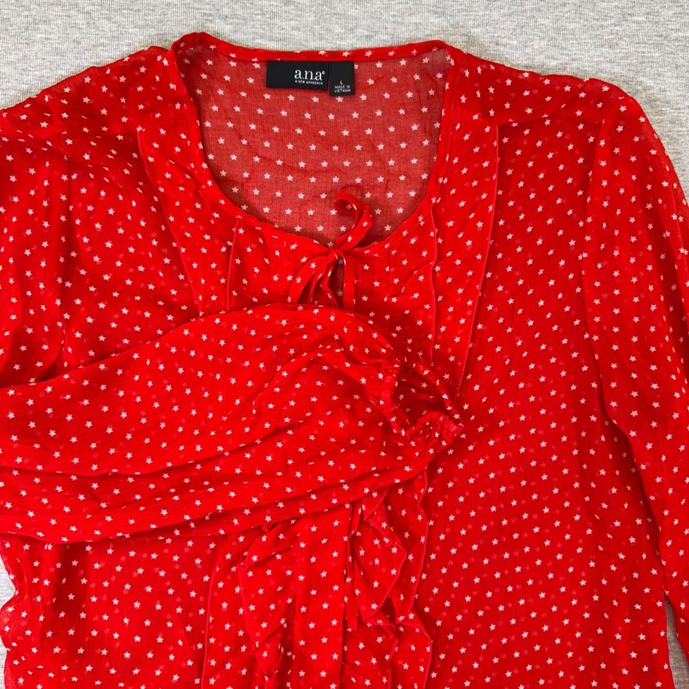 ANA New Approach Red‎ Star Print Ruffle Tie Neck Blouse Womens Large Long Sleeve
